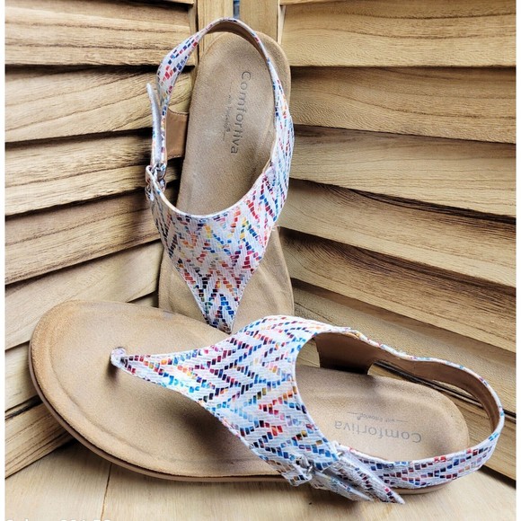 Comfortiva Calina White Multi Thong Wedge Sandal Women's Sleek Adj Strap 10W - Picture 7 of 10